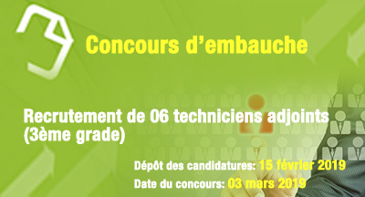 Concours de recrutement de 06 techniciens adjoints (3ème grade)