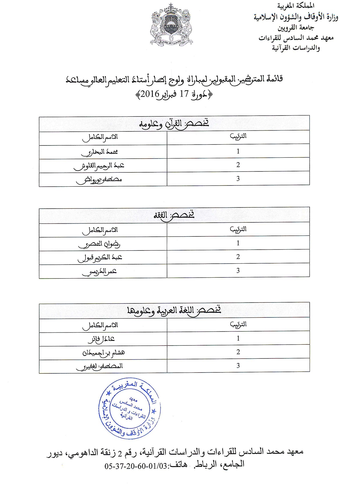 Liste des candidats admis pour passer le concours de recrutement de maîtres-assistants à l'Institut Mohammed VI des lectures et études coraniques
